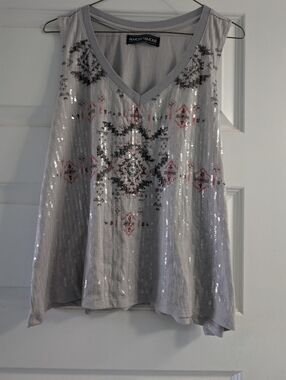 Almost Famous Silver Sequin Aztec-Print V-Neck Tank